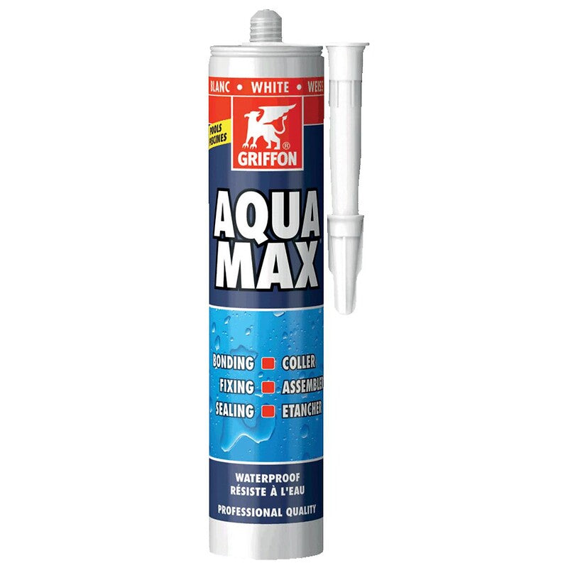 Colle de montage et mastic d'étanchéité aquamax, coloris blanc, cartouche de 425g. optez pour quincaillerie sénégalaise, votre boutique en ligne de quincaillerie au sénégal, pour des produits de qualité et un service client irréprochable.