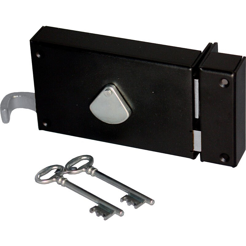 Serrure en applique à clé 4 gorges saint pierre demi tour réversible coloris noir horizontale à tirage main gauche. quincaillerie sénégalaise, votre boutique en ligne de quincaillerie au sénégal, offre des solutions pratiques et fiables. commandez facilement et recevez rapidement.