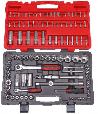COMPOSITION DE 111 OUTILS 1/4″ ET 1/2″ – CLIQUETS – RALLONGES – POIGNÉES – DOUILLES – CHROMÉ